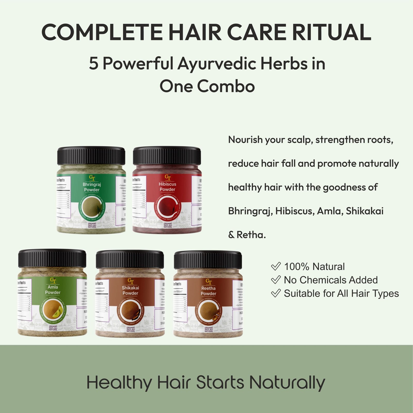 bhringraj, hibiscus, amla, reetha & shikakai powder combo (100g each) | 5 in 1 herbal hair care bhringraj, hibiscus, amla, reetha & shikakai powder combo (100g each) | 5 in 1 herbal hair care