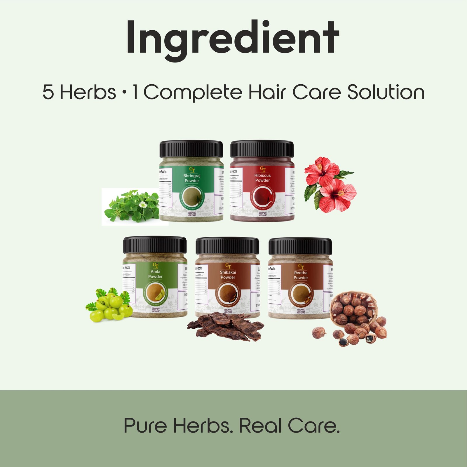 bhringraj, hibiscus, amla, reetha & shikakai powder combo (100g each) | 5 in 1 herbal hair care bhringraj, hibiscus, amla, reetha & shikakai powder combo (100g each) | 5 in 1 herbal hair care
