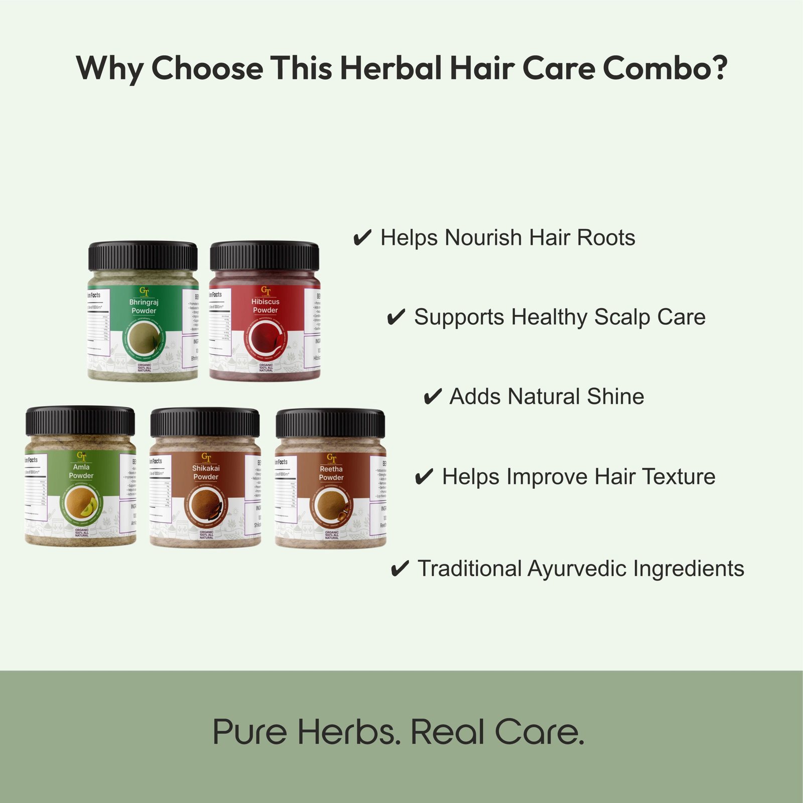 bhringraj, hibiscus, amla, reetha & shikakai powder combo (100g each) | 5 in 1 herbal hair care bhringraj, hibiscus, amla, reetha & shikakai powder combo (100g each) | 5 in 1 herbal hair care